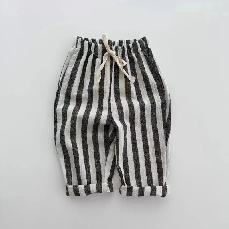 Vintage Linen Cotton Stripe Pants for Boys Casual Pocket Design Elastics Waist Pants for Toddler Girl Clothing Children Trousers 2