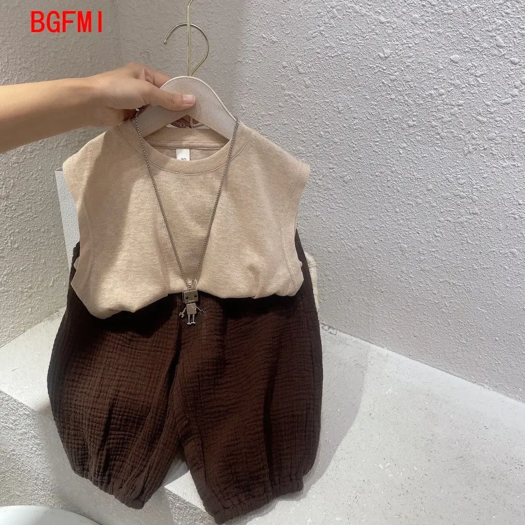Korean Baby Toddler Boys Girls Soft Thin Casual Short Sleeves + Shorts Set Cotton and Linen Breathable Plaid 2pcs Suit