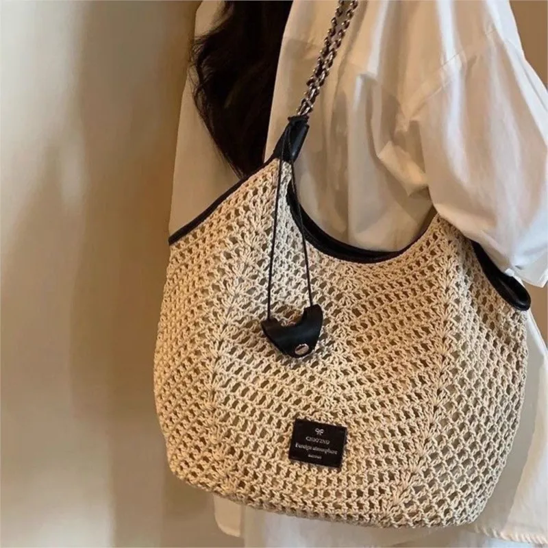 Beige Woven Grid Hollow Out Tote Bag Women Handmade Large Capacity Shoulder Bag Ladies Casual Seaside Vacation Beach Handbag New