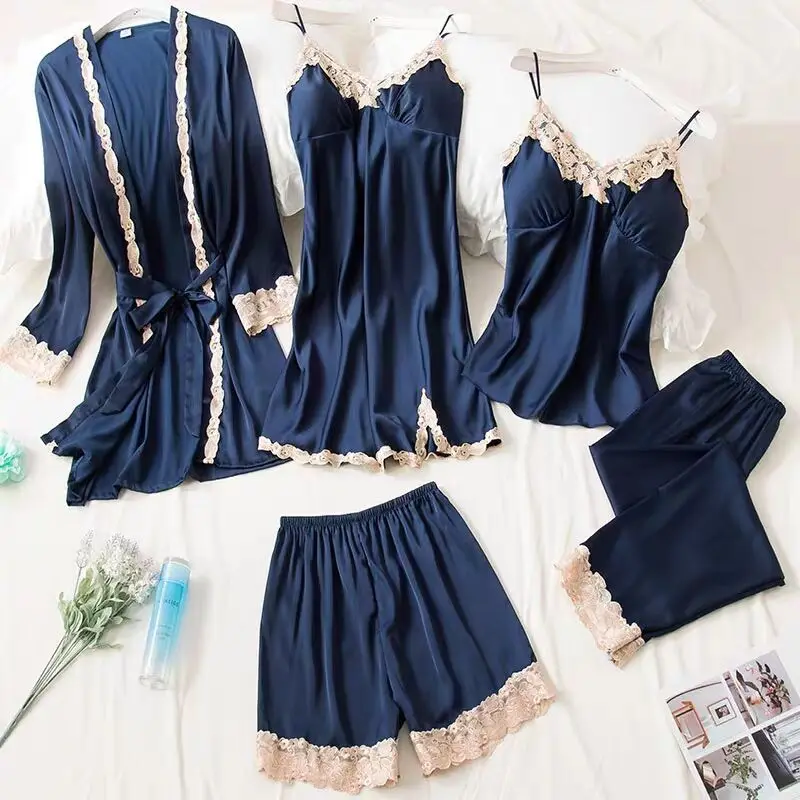 nightgowns Pajamas Women's Summer Sexy dress sets 5 Piece Set of Ice Silk Thin Style Pajamas Spring and Autumn