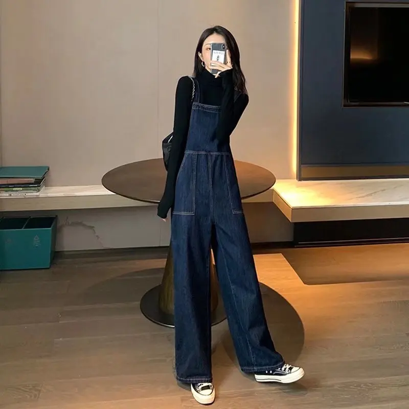 

Vintage Streetwear Large Pocket Jeans Jumpsuit Women Casual Loose Wide Leg Straps Denim Overalls Female Cargo Baggy Bib Rompers
