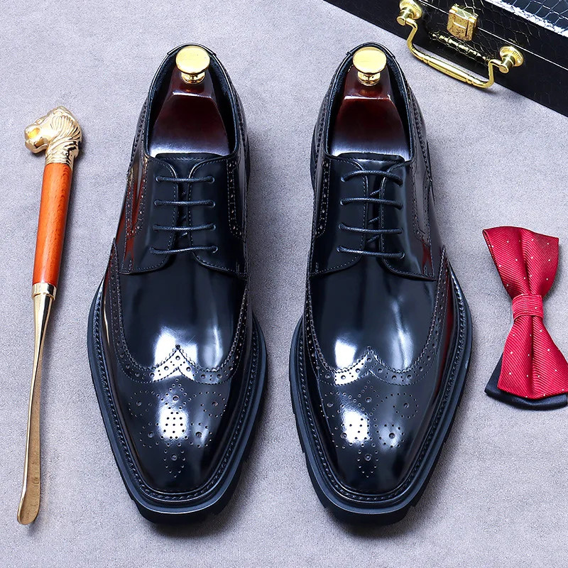 British Business Leather Shoes Formal Cowhide Thick-Soled Handmade Derby Shoes Stylish Men's Glossy Fine Craftsmanship Men Shoes 5