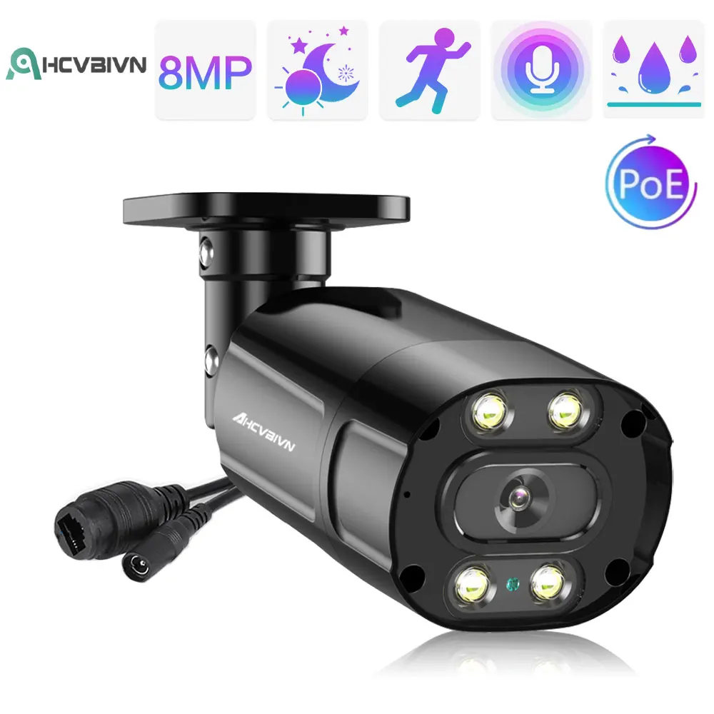 8MP Full Color Night Vision 4K POE IP Camera Two Way Audio Outdoor Human Detection H.265 Black Bullet POE Video Surveillance Cam