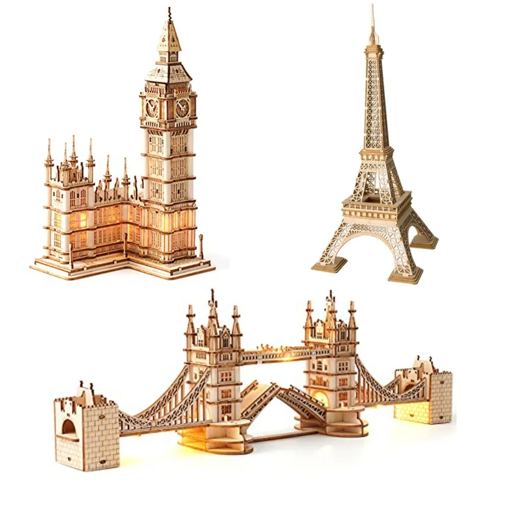 Robotime 3D Puzzle Wooden Kits DIY Tower Bridge Big Ben Set Eiffel Tower Model Kit Home Decor Birthday Gifts