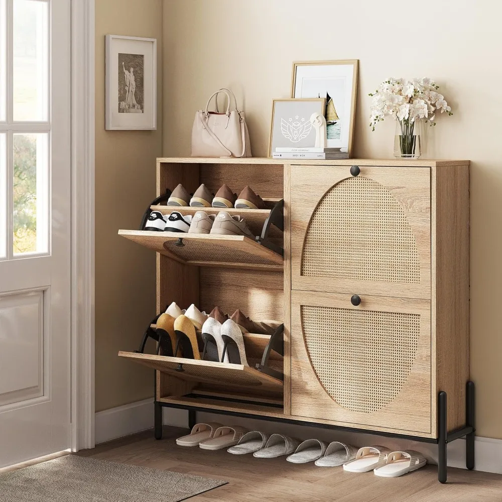 Rattan Shoe Cabinet Storage with 4 Flip Drawers, Freestanding Shoe Storage Organizer Cabinet for Entryway 2