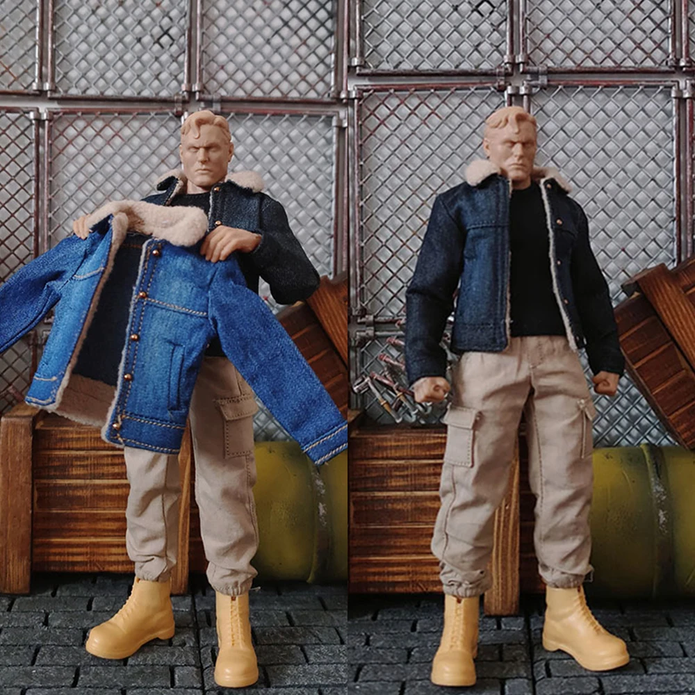 

1/12 Male Soldier Jackets Faux Fur Thicken Motorcycle Denim Overcoat Tops Cargo Pants Elastic Vest For 6'' Action Figure Body