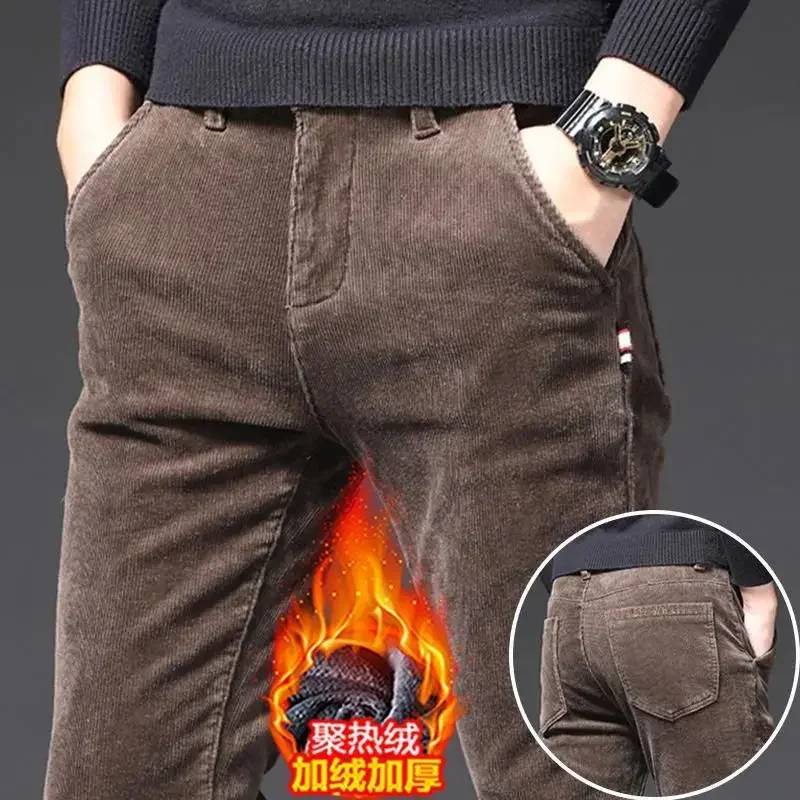 Fashion Fleece Keep Heat Warmth Men's Straight Leg Corduroy Pants Thicken Plus Velvet Casual Trousers Autumn Winter Solid Pants 2