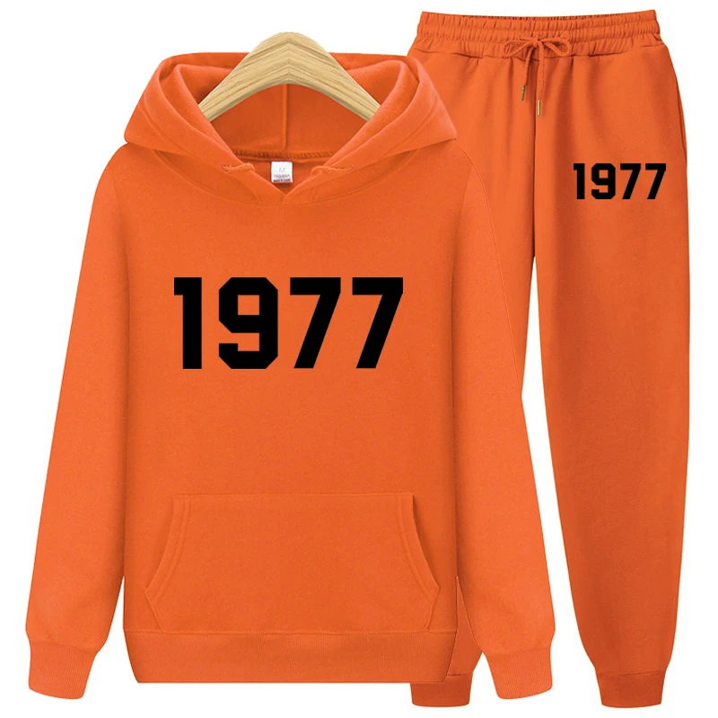 Autumn Winter Warm 1977 Hoodie Two-Piece Sets Hoodie Set Men and Women Fashion Brand High Street Loose Fleece Hoodies+Pants Set