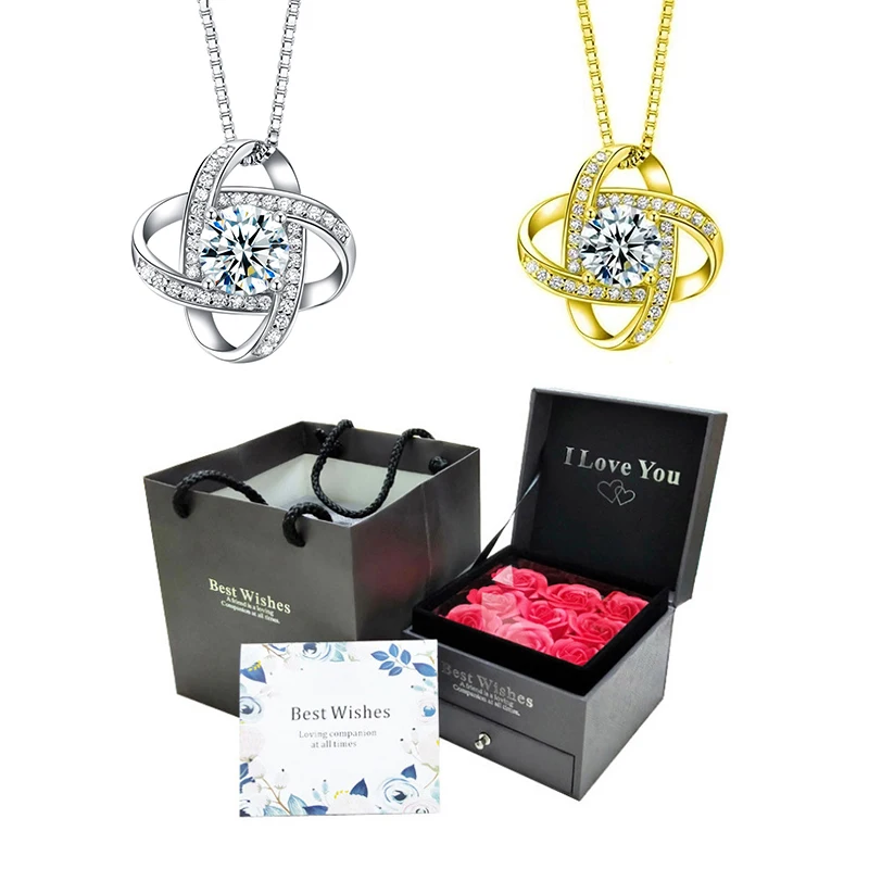 Sterling Silver Clover Necklace,Cubic Zirconia Pendant,Mother's Day Valentine's Day Gift,with beautiful gift box for gift giving