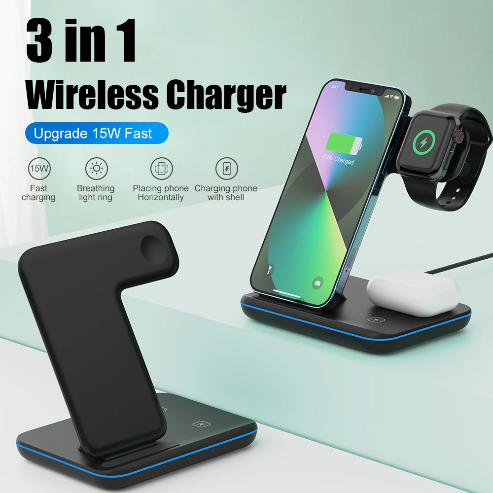 

3 in 1 Wireless Charger Stand 15W Qi Fast Charging Dock Station for Apple Watch iWatch S8 AirPods Pro For iPhone 14 13 12 XS XR