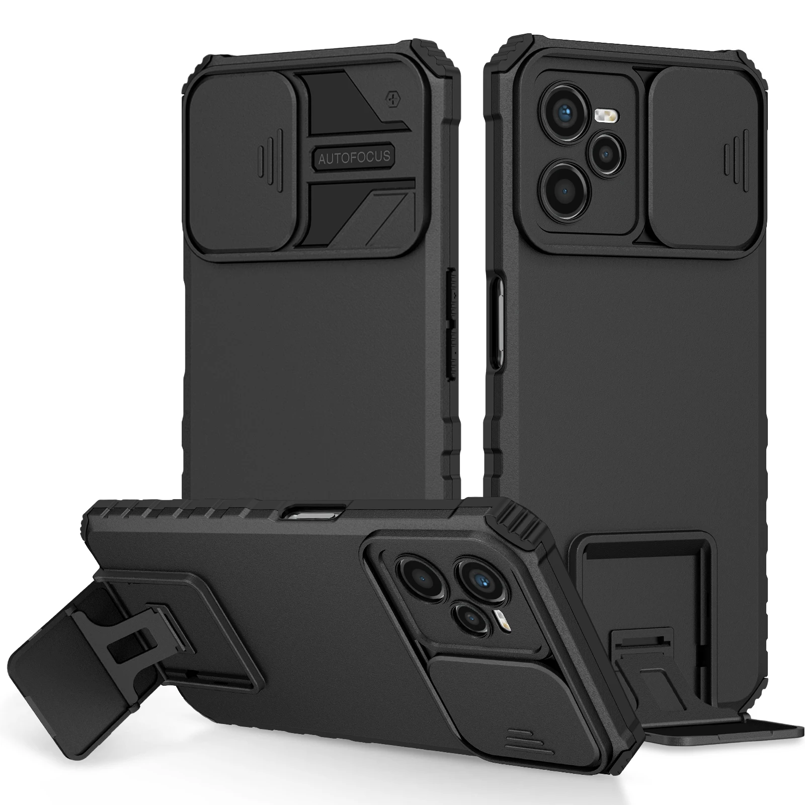 Durable Phone Case with Slide Camera Lens Protection and Stand