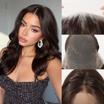 Parrucche Sintetiche in Pizzo con Onde Morbide Marrone Scuro per Donne, 18 Pollici, Capelli Naturali a Strati Medi con Attaccatura Pre-Rifinita 13x6 Lace Front