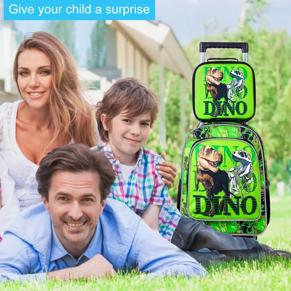 3-Piece Boy Green Dinosaur Backpack, 16-Inch Schoolbag and