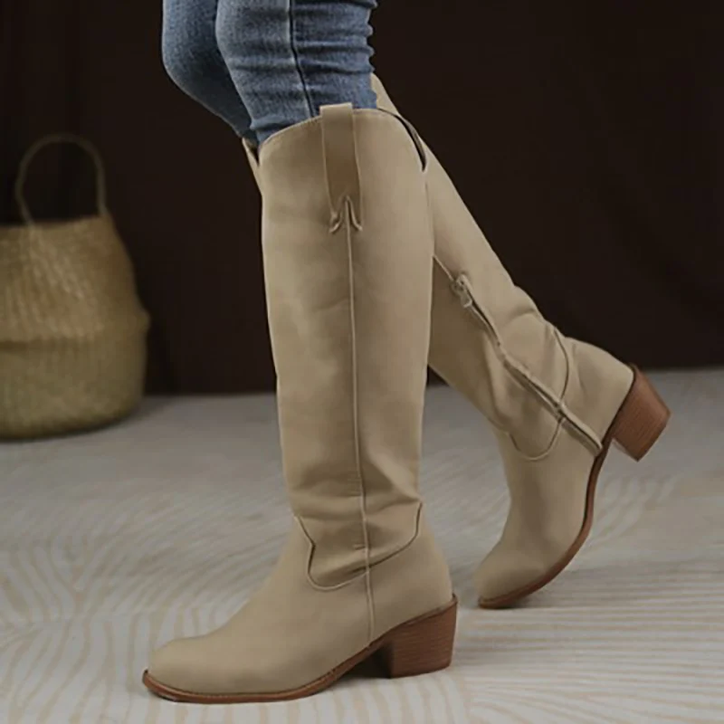 

2022 Winter Chunky Heels Female Boots Brown New Knee Hight Boots Block Heels Boots Ladies Boots Big Size 42 43 44 45 46 47 48