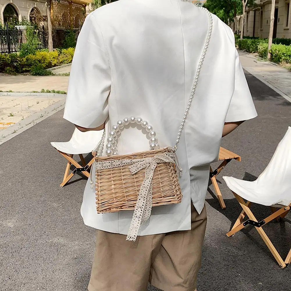 Retro Women Rattan Handbags Woven Lace Pearl Chain Drawstring Small Basket Shoulder Bags Small Beach Women Summer Bags