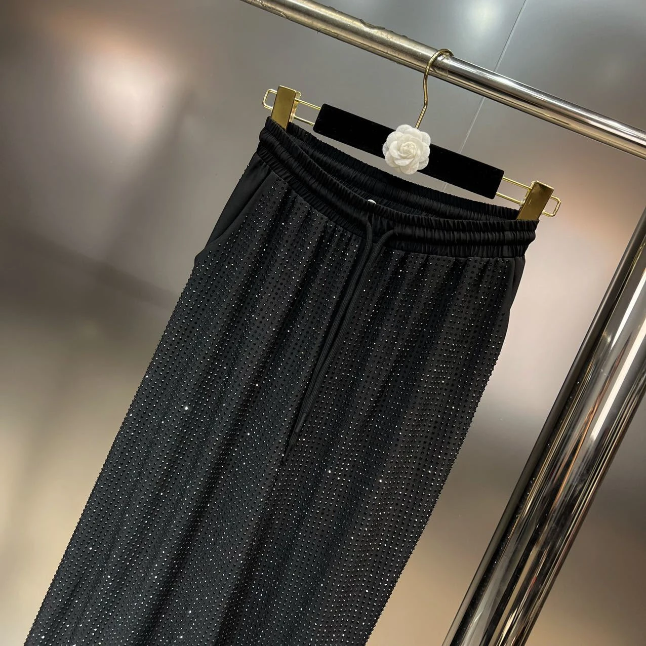 Spring New Lapel Long Sleeve Rhinestone Shiny Loose Blouse High Waist Slim Straight Pants Two-Piece Sets Fashion Outfits Women