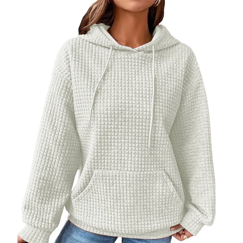 

Women Quilted Hoodies Tops Solid Autumn Winter Female Plaid Jacquard Long Sleeve Hooded Sweatshirts with Pocket