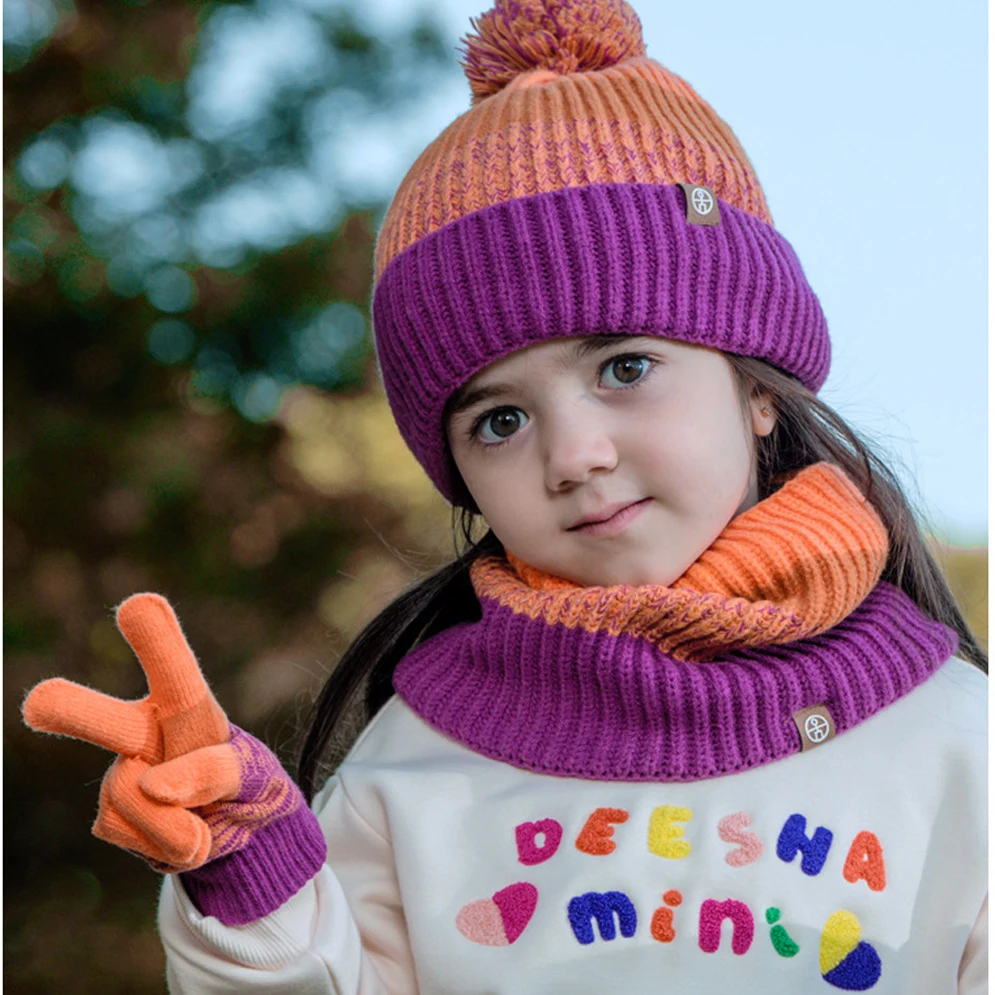 3pcs Set Winter Hat Children Beanie Snood Gloves Kids Gilr Boy Knit Winter Bonnet Colorful Striped Plush Lining Pompom 2-10Y