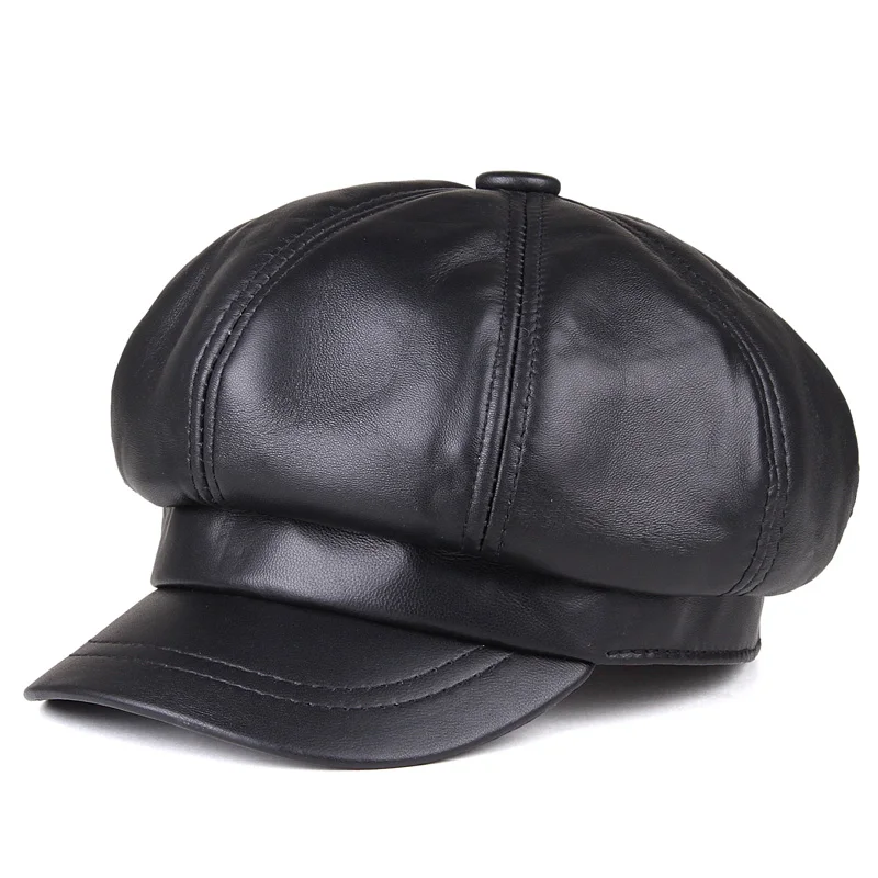 Béret en PU pour femmes et filles, casquette rétro, couleur unie, dôme octogonal, hiver, automne, France, bérets réglables en Faux cuir pour_voghion.com