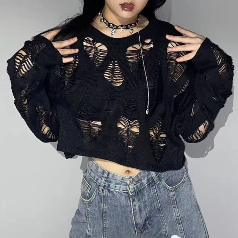 Y2k Girl Hollow Out Long Sleeve Slit Crop Sweaters Women Black Gothic Pullover Sweater Dark Goth Mujer Sexy Knitted Short Sweter