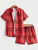 3D Plaid Print Men's Short-sleeved Shirt And Shorts Set Summer Daily Short-sleeved Shirt Outdoor Beach Men's Casual Shorts 3