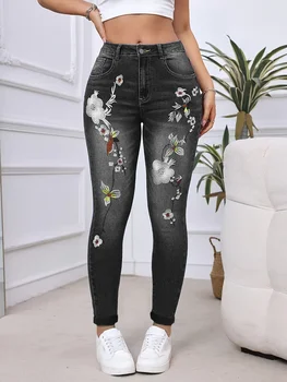 Y2k Jeans For Woman High Waisted Floral Embroidery Skinny Stretch Denim Trousers Slim Fit Ankle Length Elegant Female Pants 1