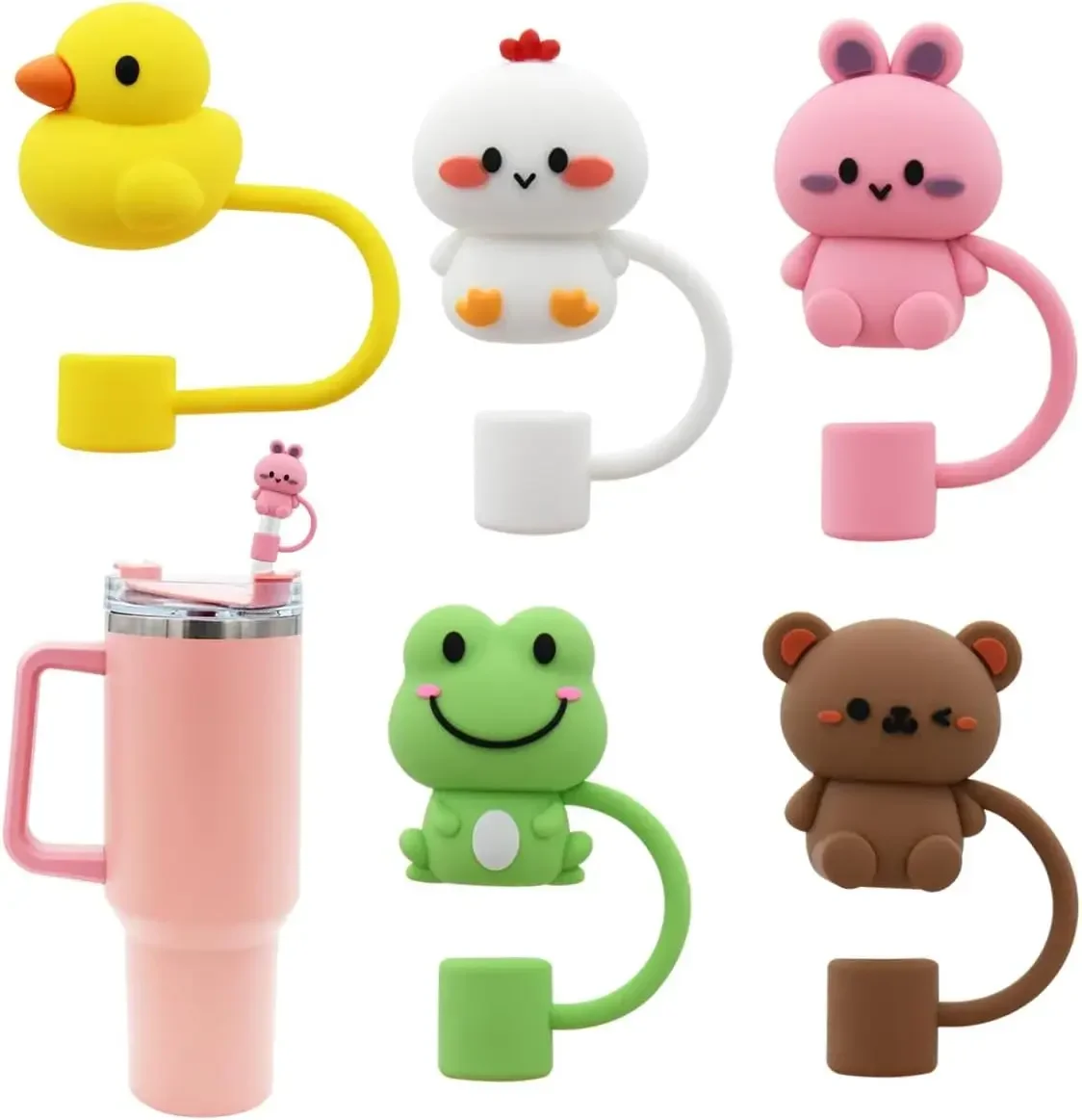 Reusable Drinking Straw Covers 12pcs Food Grade Silicone Straw Covers Cap Cute Animals Straw Toppers Dust-proof Portable Straw Protector Suitable for