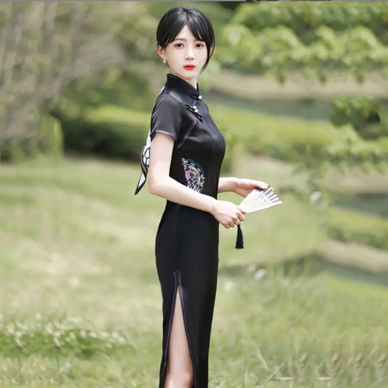 Women Black Cheongsam Short Sleeve Female Chinese Traditiional Long Dress Vintage Qipao S To XXL