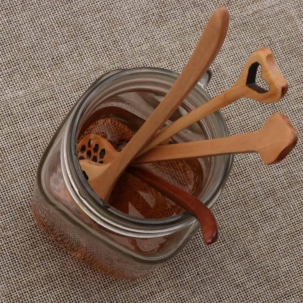 Wooden Spoon Glass Honey Dipper Sticks Wooden Honey Dipper Sever Mixing Stick Spoon Honeycomb Heart Pattern