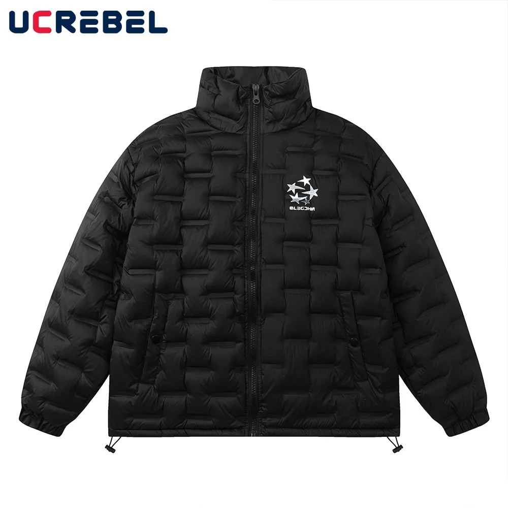 

Five-pointed Print Star Padded Jacket Mens Winter Streetwear Plaid Texture Drawstring Hem Stand Collar Thick Quilted Jacket Men