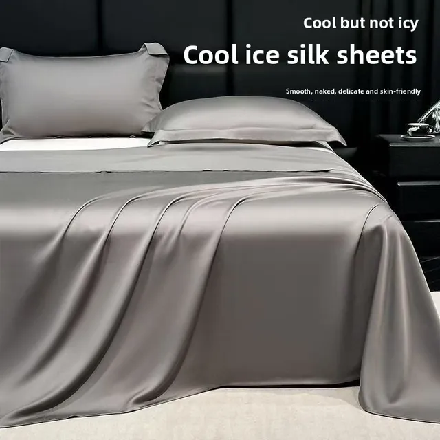 Summer Ice Silk Bed Sheet Three Piece Set Solid Color Skin friendly Comfortable Washable Machine Washable Durable 1
