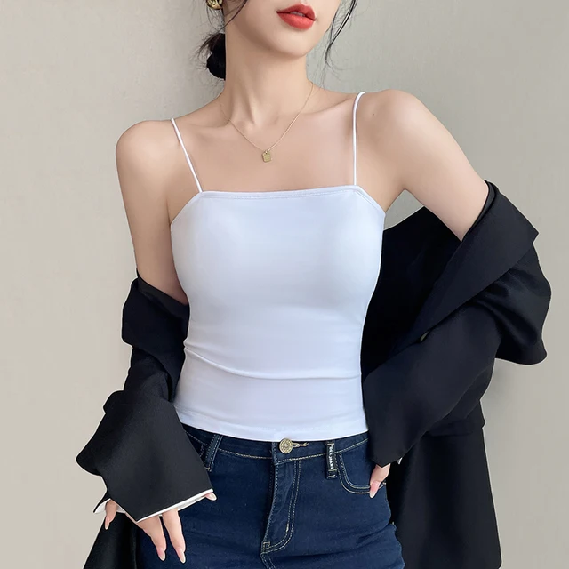Camisole Undershirt Women Inner Beauty Back Summer With Bra Pad Bra One Underwear Outer Wear Long Black Bottom Tops 3