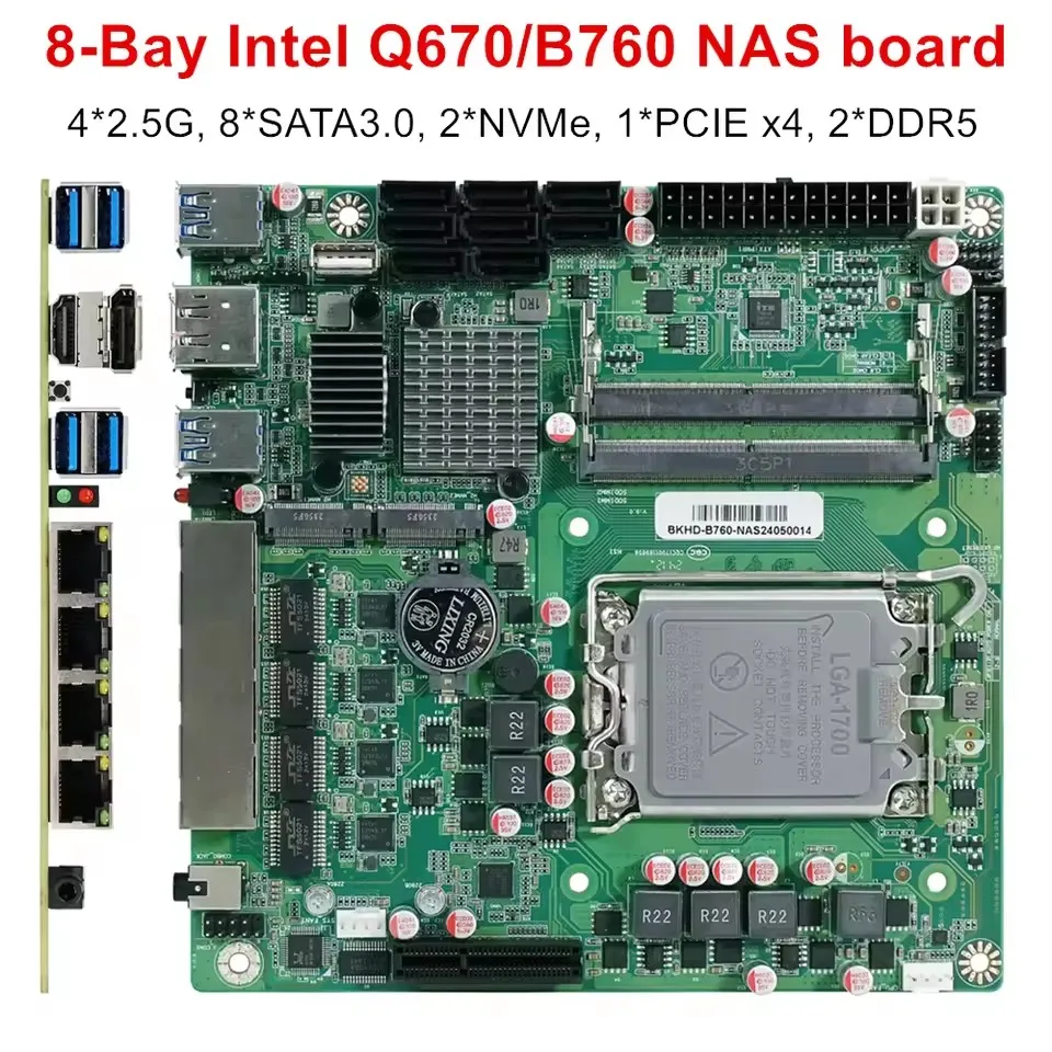 8-Bay Q670 B760 NAS Motherboard Intel 12-14th Gen LGA1700 8*SATA 2*NVMe 4*2.5G 1*PCIEX4 2*DDR5 17x17 Firewall Mini ITX Mainboard 2