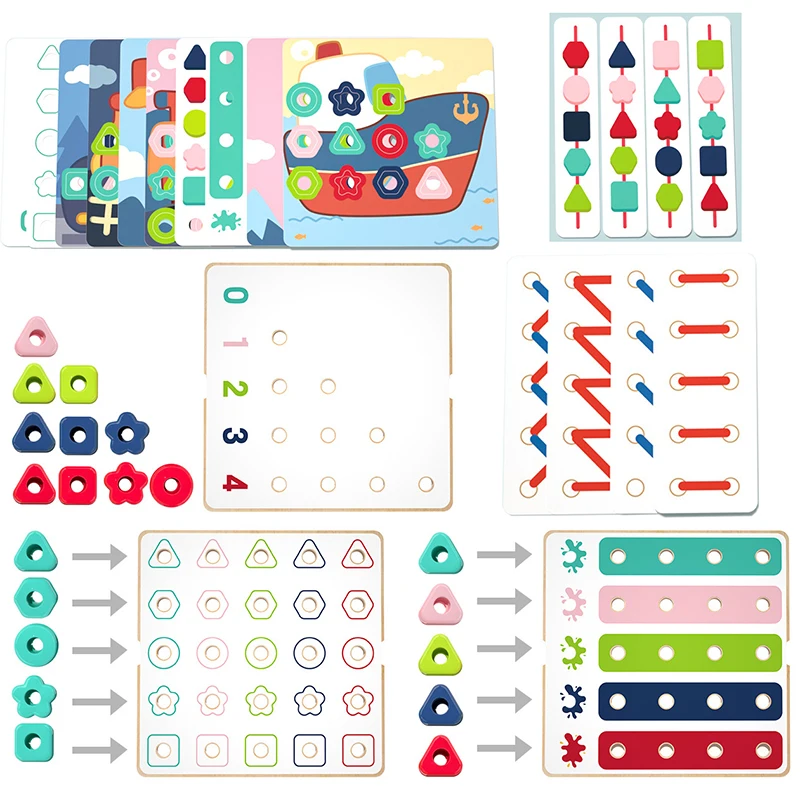 Children Montessori Color Shape Pegboard Toys Button Art Mosaic Mushroom Nail 3D Puzzles Threading Game Education Activities Toy 5