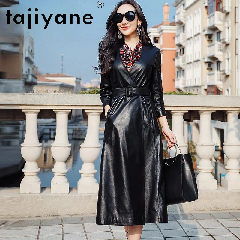 

High Tajiyane Quality Real Leather Jacket Women Autumn Winter Elegant Genuine Sheepskin Coats Fashion Long Trench Coat V-neck