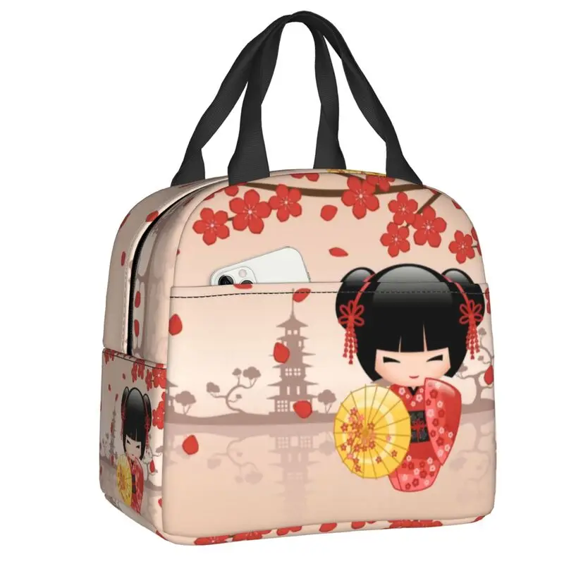 

Japanese Red Sakura Kokeshi Doll Insulated Lunch Bag for School Office Thermal Cooler Lunch Box Women Food Container Tote Bags