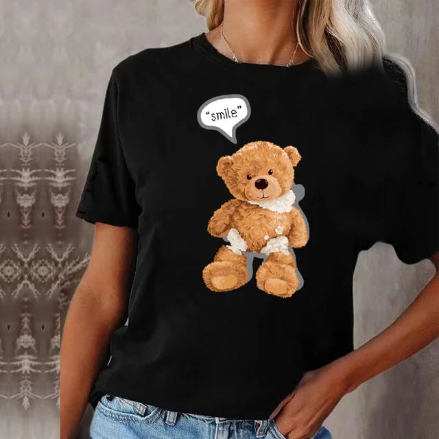 Fashion Bear Print Women T-Shirt Harajuku Round Neck Casual Loose Short Sleeve Summer Slim Soft Tops Clothing Hip Hop Streetwear 3bear016