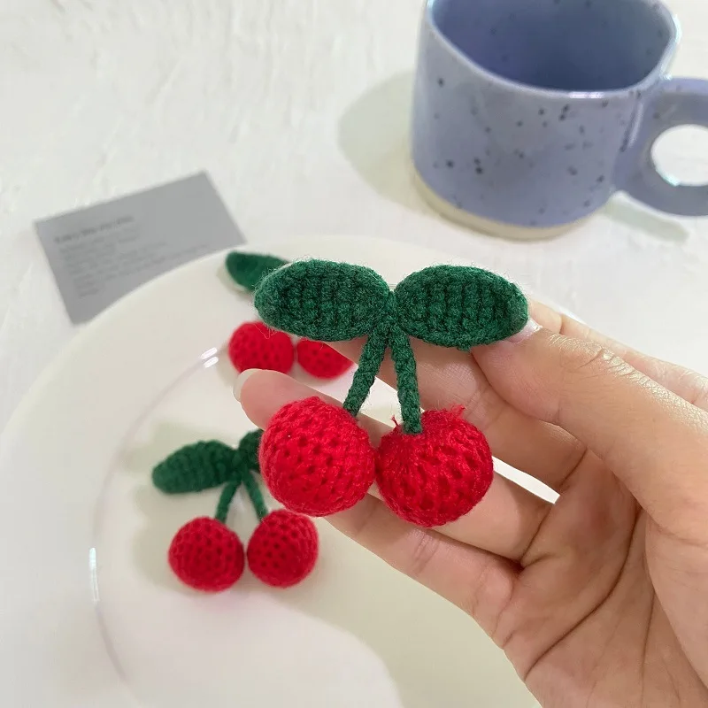 2/5Pcs Cotton Hand-knitted Woolen Green Leaf Red Cherries Crafts DIY Earrings Pendant Hair Hat Bag Key Ring Clothing Accessories jewelry making supplies craft supplies doll handmade accessories key charms pendant