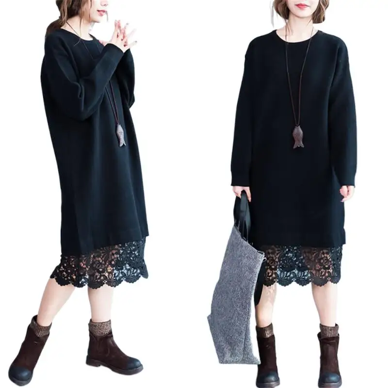 

2023 Autumn Korean Ladies Patchwork Lace Thick Warm Long Sleeve Dress Ladies Female Loose Dresses Vestidos Roupas femininas