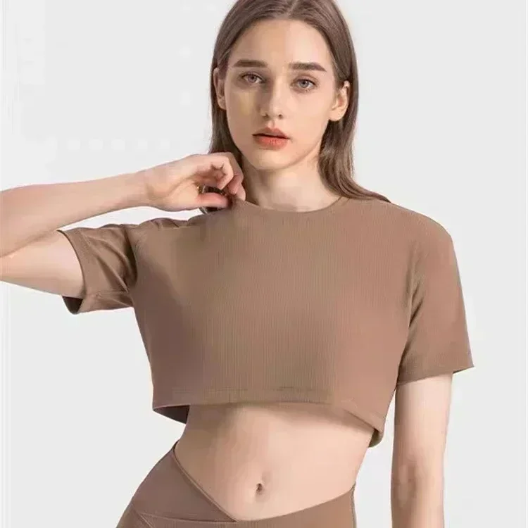 Lemon Women Yoga Sport Shirts Ribbed Fabric Outdoor Jogging T-Shirts Sportswear Gym Clothing Short Sleeve Top Women Clothing