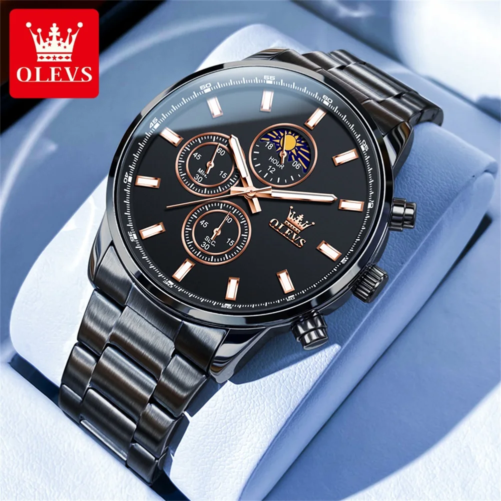 OLEVS Brand New Fashion Stainless Steel Chronograph Quartz Watch for Men Waterproof Calendar Moon Phases Luxury Mens Wristwatch