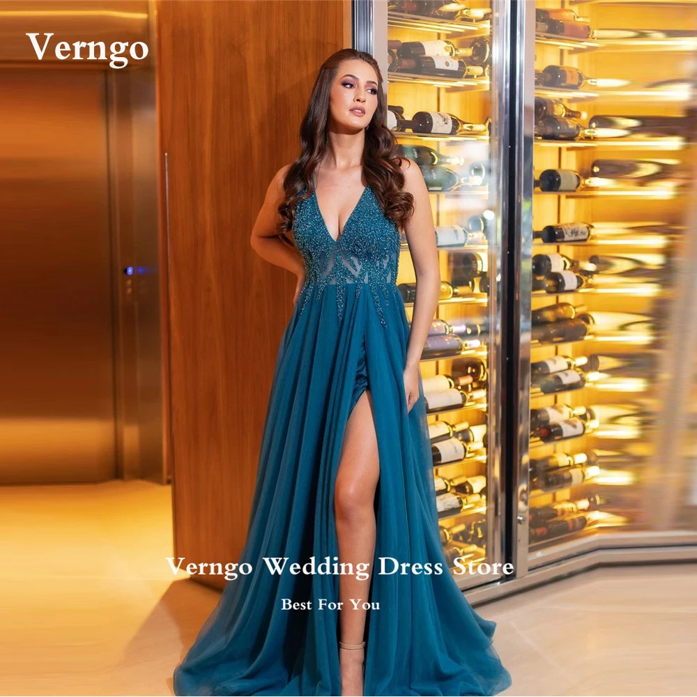 

Verngo Dusty Blue Chiffon Prom Dresses Shiny Sequin V Neck Split Women Evening Gowns Mother Bride Formal Party Dress