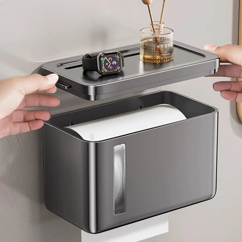 Toilet Paper Holder Tissue Box Wall Mounted Tissue Box Waterproof Toilet Paper Holder with Shelf for Bathroom Kitchen Storage Organizer Plastic Dispenser