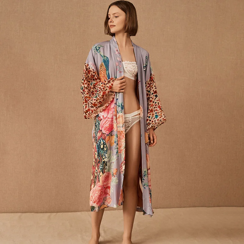 Beach Kimono for Women Peocock Printed Swimsuit Cover Up Self Belted Wrap Dresses Seaside Bathing Suits Beachwear