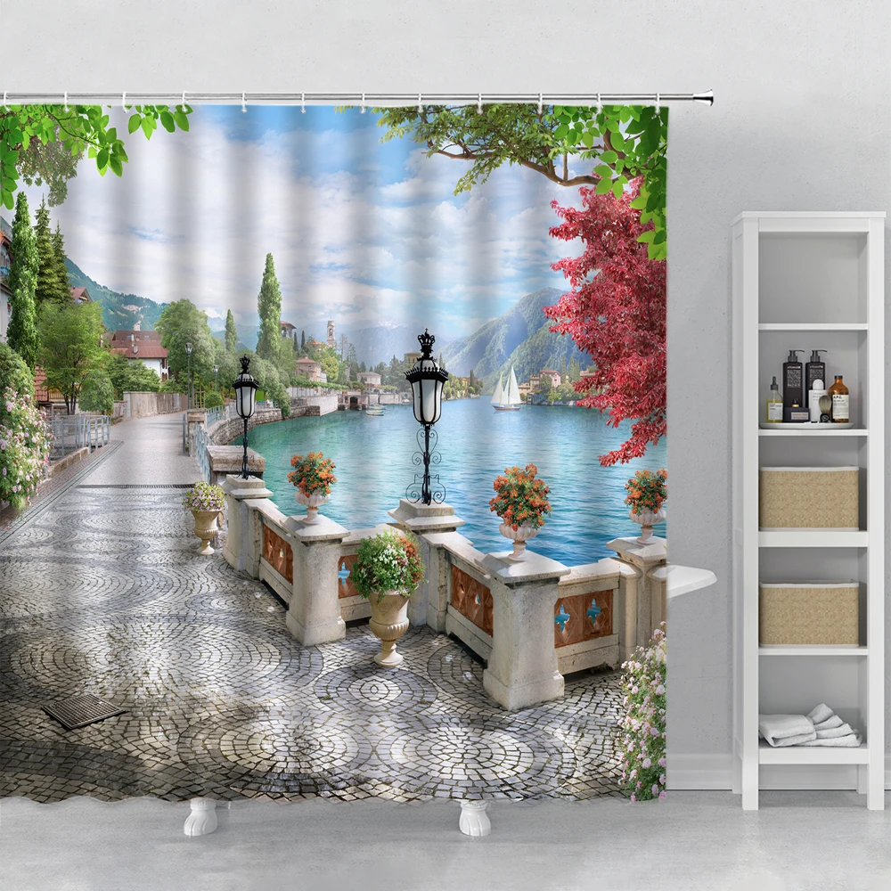 

Занавеска для душа в средиземноморском стиле, 3d-занавеска в европейском стиле, с изображением ландшафта, домашний декор, крючок из полиэстера