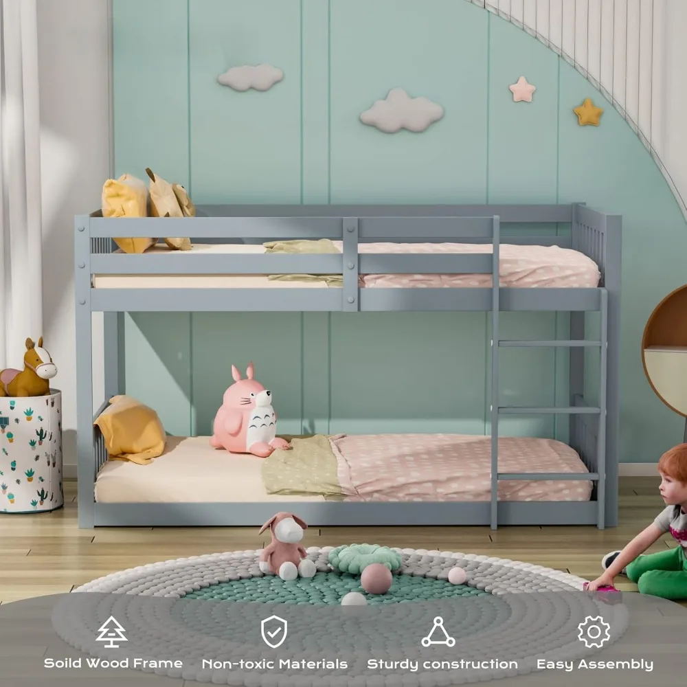 Children Beds, Twin Over Twin Bunk Bed for Kids Children Teens, Solid Wood Bunk Bed Frame with Ladder and Guard Rail Space 4