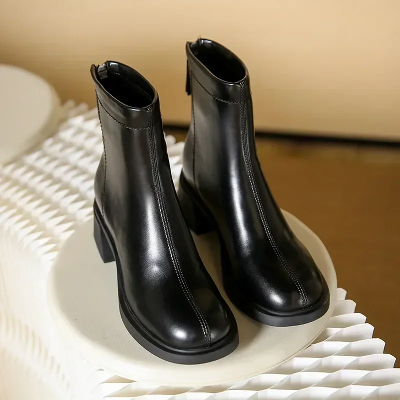 Boots for Women Fashion Chunky Heels Ankle Boots Female Winter White Warm Plush Short Boots Shoes Ladies High Heel Shoes 2024