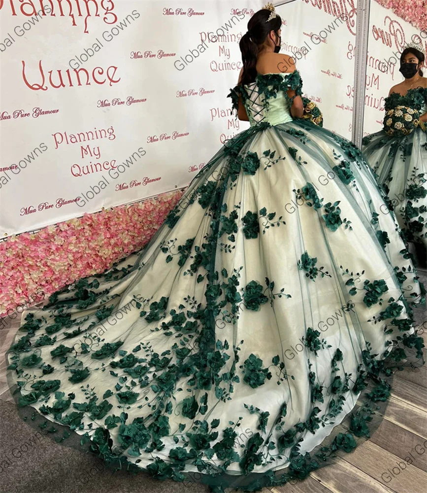 Emerald Green Floral Quinceanera Dresses with 3D Flowers Ball Gown Puffy Sexy Off the Shoulder Corsert Debut Party Customized