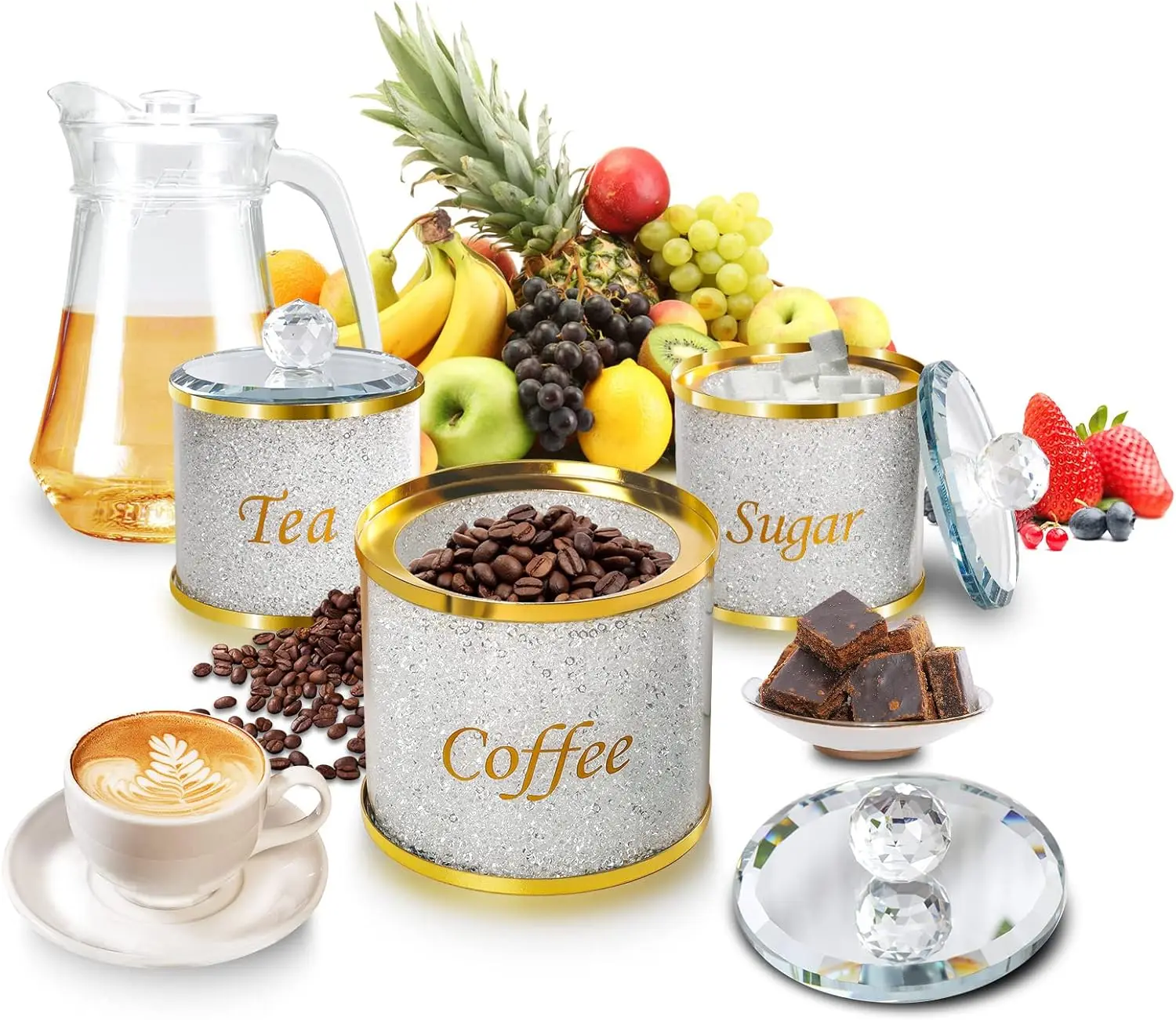 Sparkle Glass Crushed Diamonds Canister for Sugar Coffee Tea Decorative Storage Jar with Lids for Kitchen Counter Dining Room