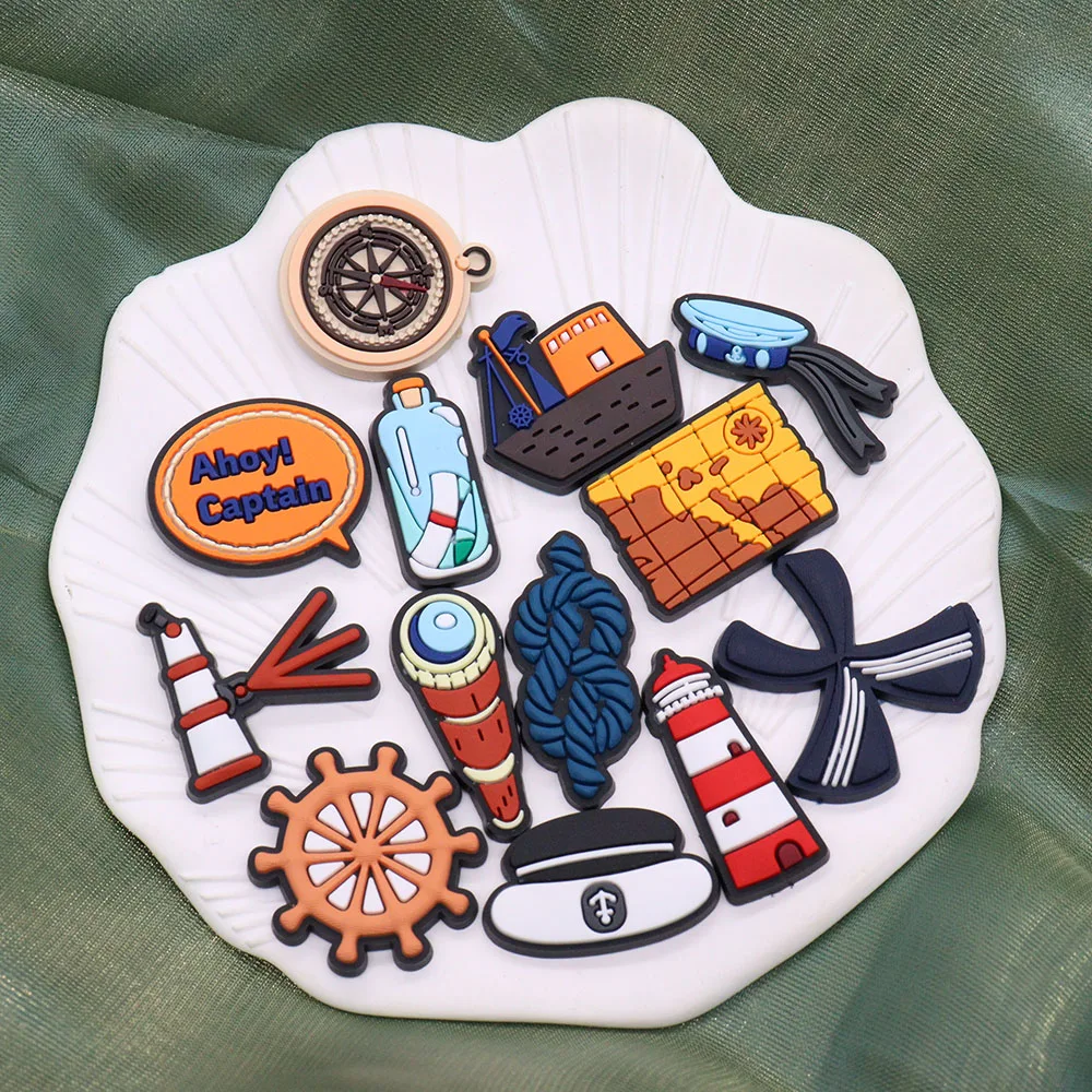 

Mix 50Pcs PVC Shoe Charms Captain Ship Chart Telescope Compass Hat Drift Bottle Rope Croc Jibz Button Decorations Slipper